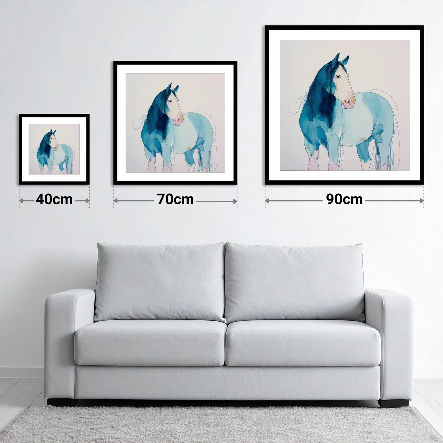 Ethereal Blue Equine - size guide showing 40cm, 70cm and 90cm art prints