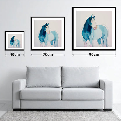 Ethereal Blue Equine - size guide showing 40cm, 70cm and 90cm art prints