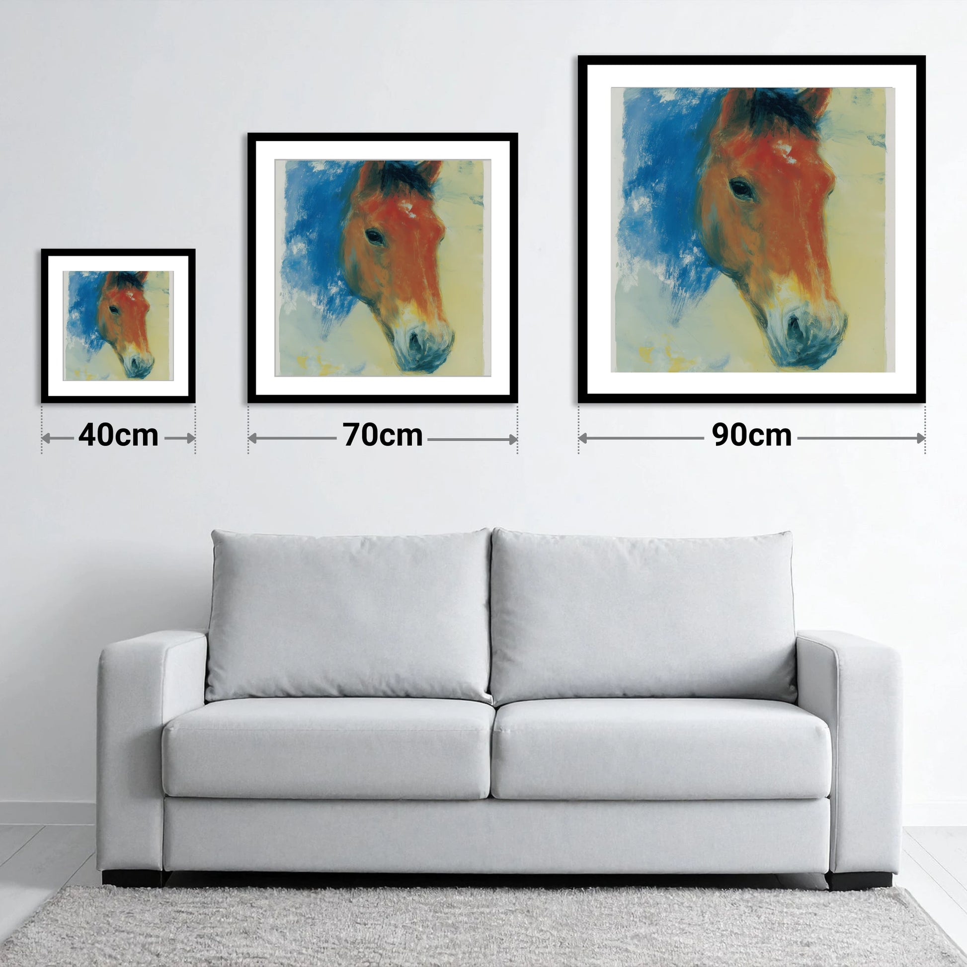 Expressive Cerulean Equine Study - size guide showing 40cm, 70cm and 90cm art prints