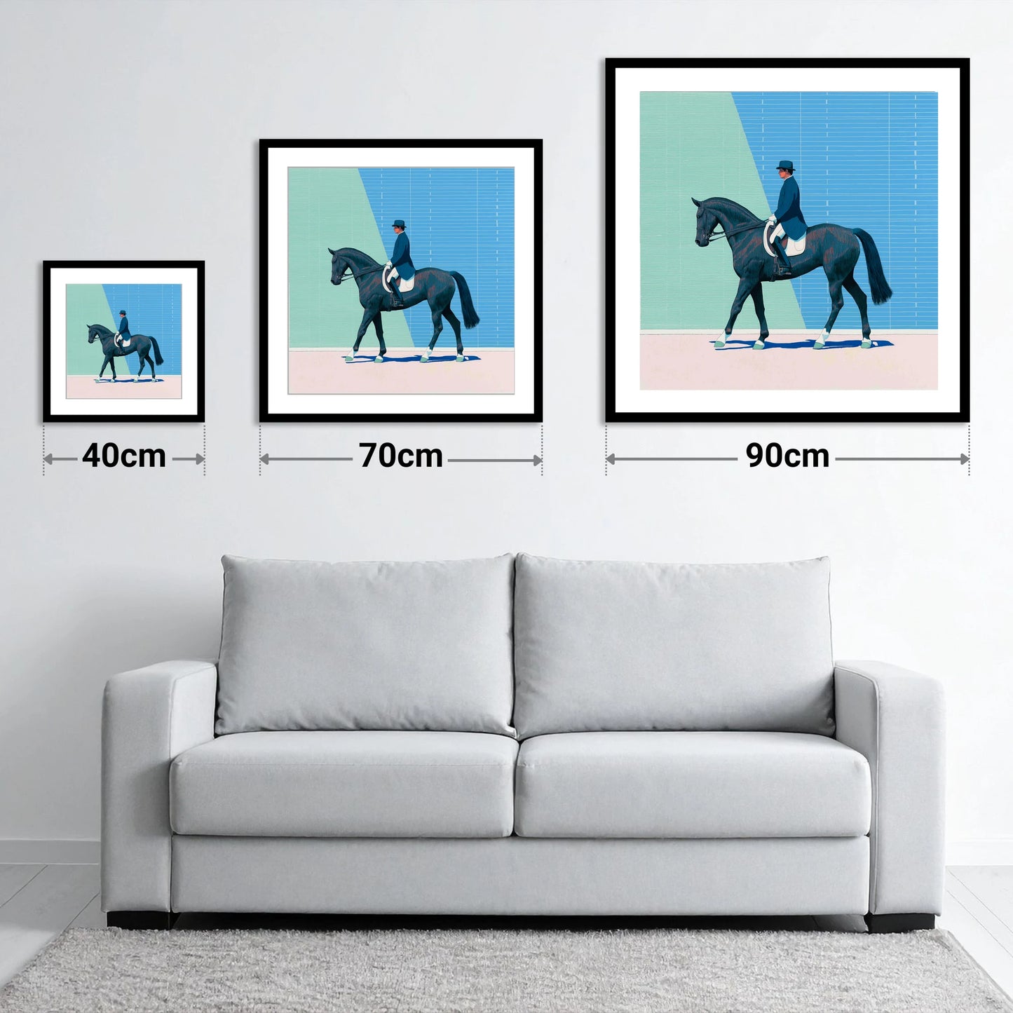 Rhythmic Precision - size guide showing 40cm, 70cm and 90cm art prints
