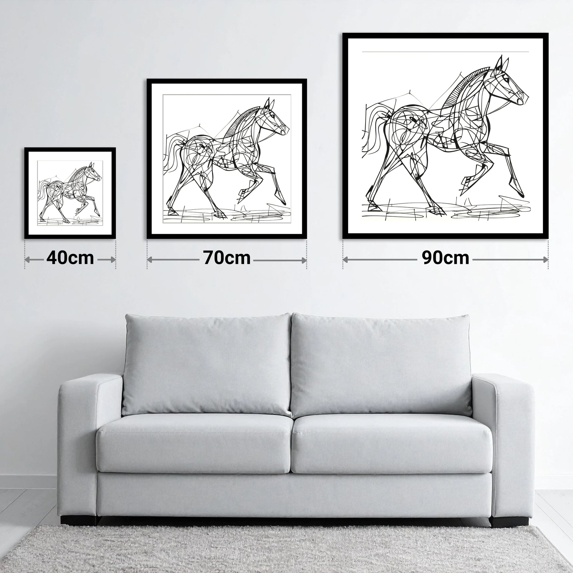 Structural Stride - size guide showing 40cm, 70cm and 90cm art prints