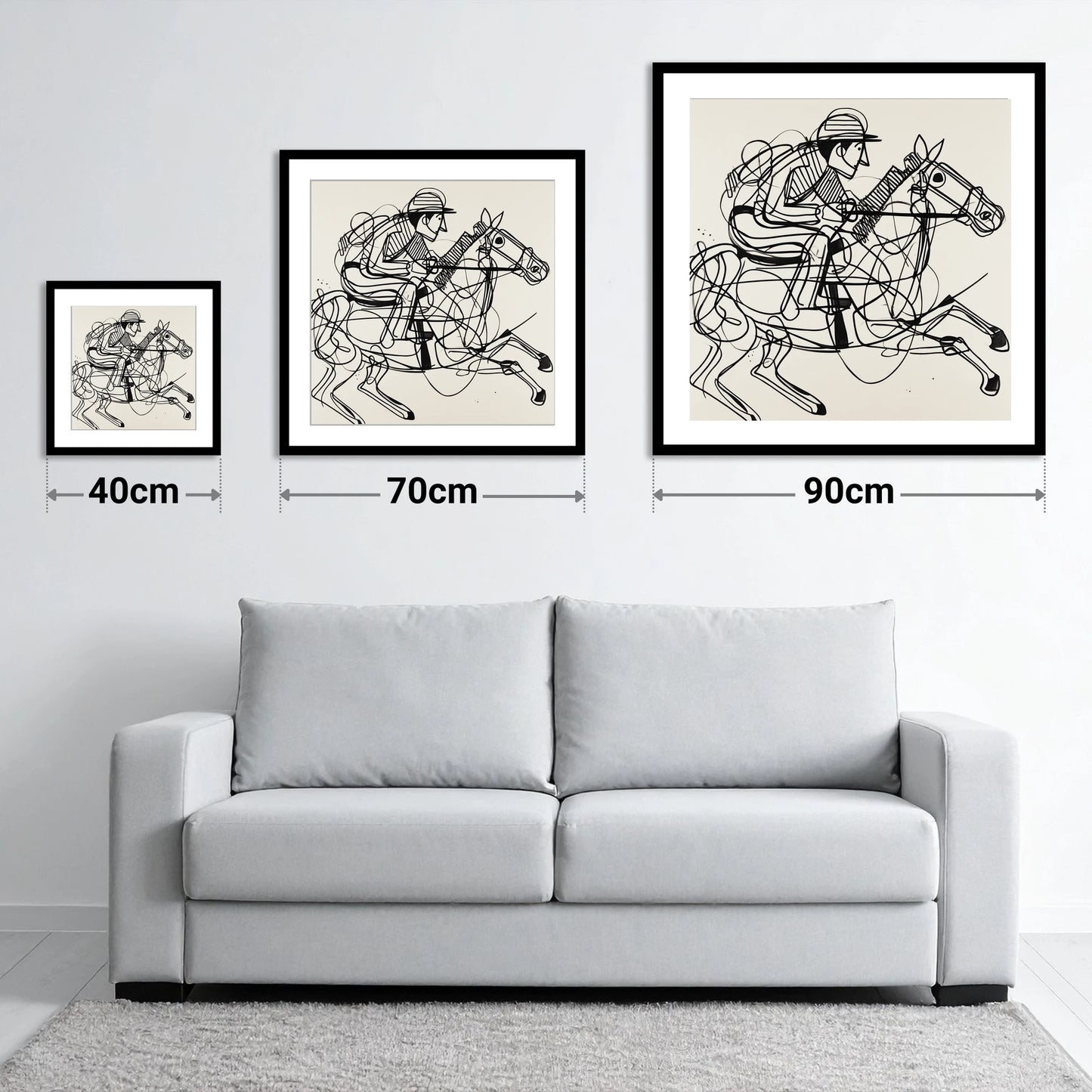 The Abstract Sprint - size guide showing 40cm, 70cm and 90cm art prints