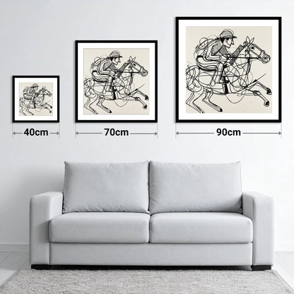 The Abstract Sprint - size guide showing 40cm, 70cm and 90cm art prints