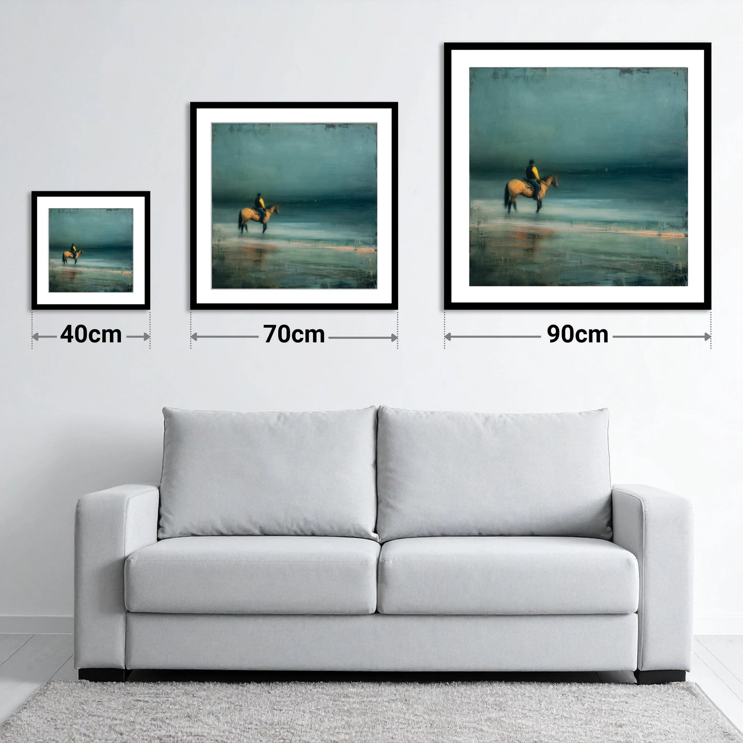 Teal Tide Rider - size guide showing 40cm, 70cm and 90cm art prints