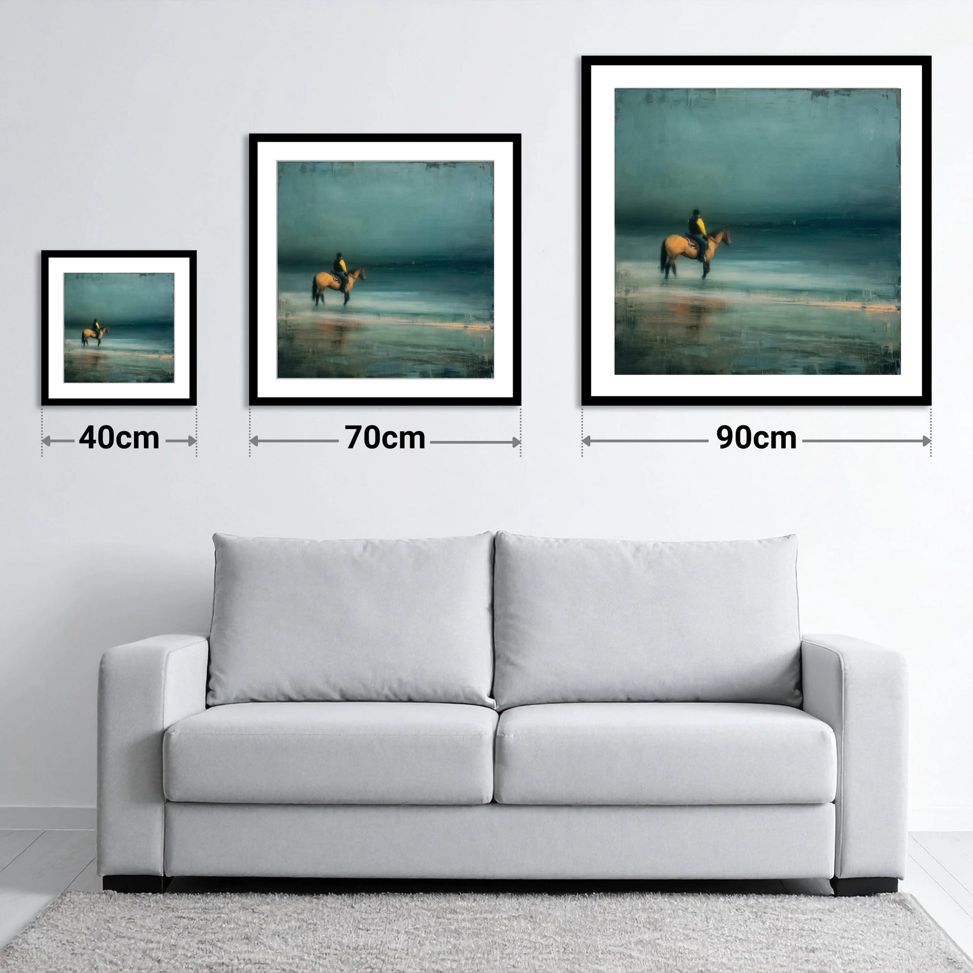 Teal Tide Rider - size guide showing 40cm, 70cm and 90cm art prints