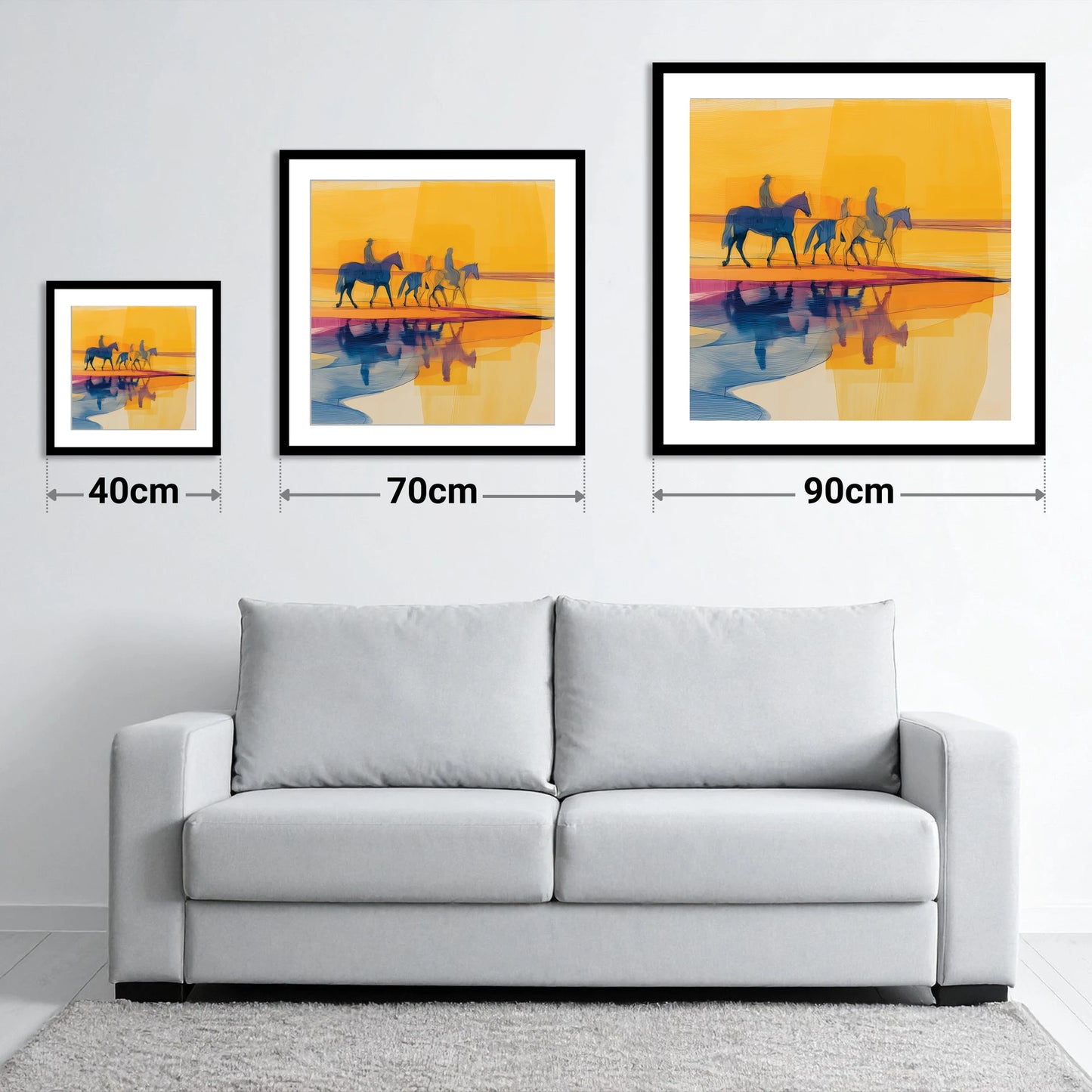 Golden Horizon Hack - size guide showing 40cm, 70cm and 90cm art prints