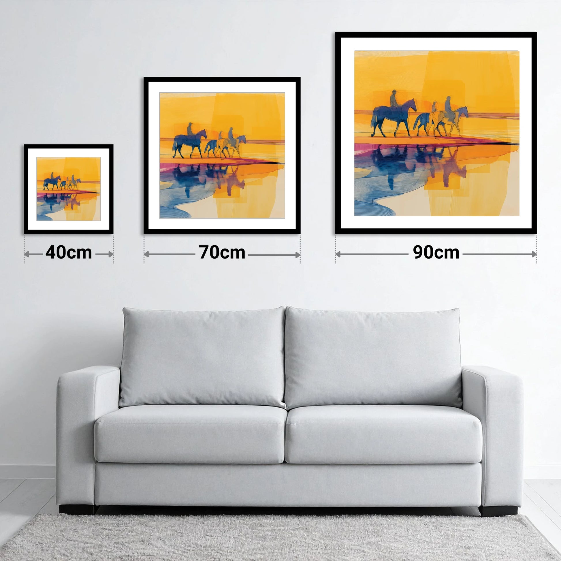 Golden Horizon Hack - size guide showing 40cm, 70cm and 90cm art prints