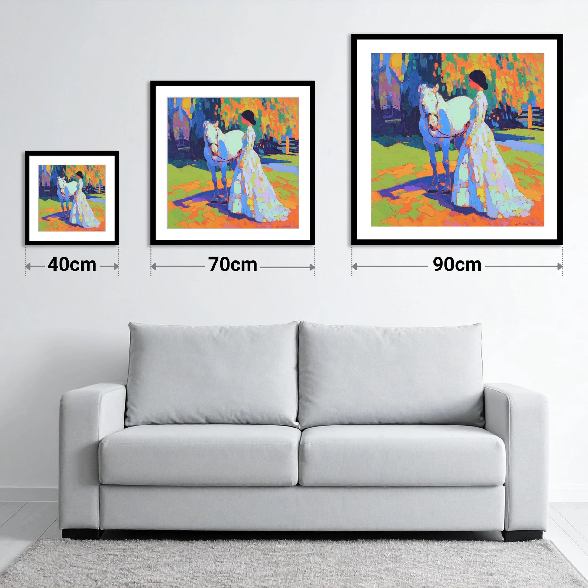Radiant Bond - size guide showing 40cm, 70cm and 90cm art prints