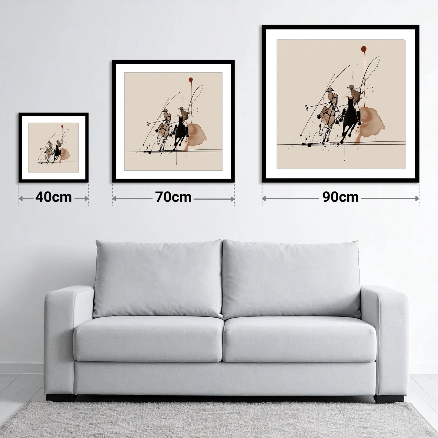 Polo Dynamics - size guide showing 40cm, 70cm and 90cm art prints