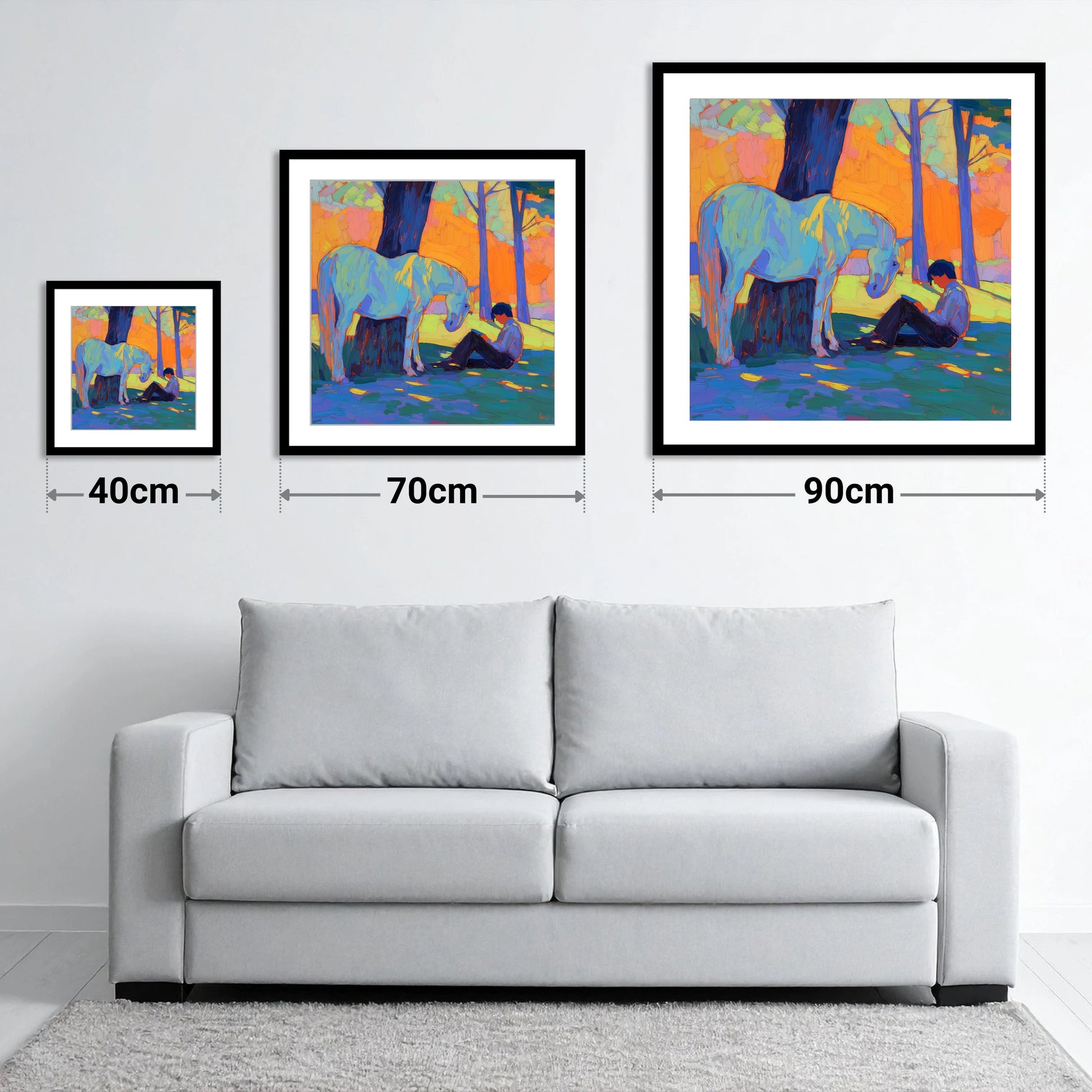 Shared Solitude - size guide showing 40cm, 70cm and 90cm art prints