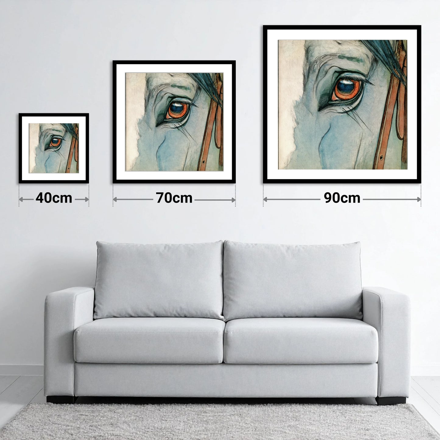 The Amber Gaze - size guide showing 40cm, 70cm and 90cm art prints