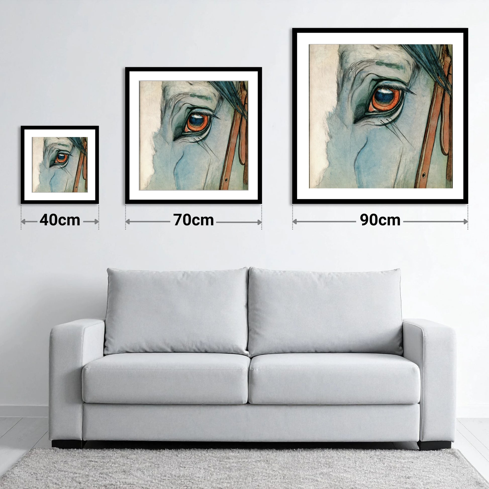 The Amber Gaze - size guide showing 40cm, 70cm and 90cm art prints