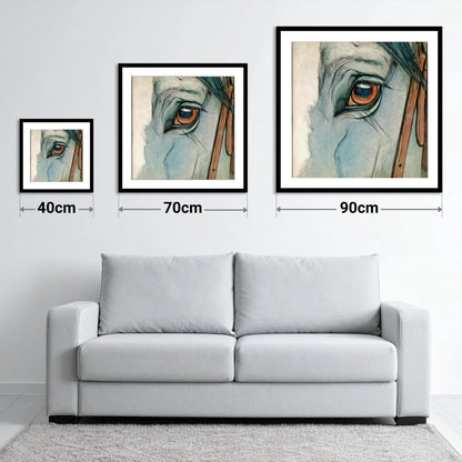 The Amber Gaze - size guide showing 40cm, 70cm and 90cm art prints