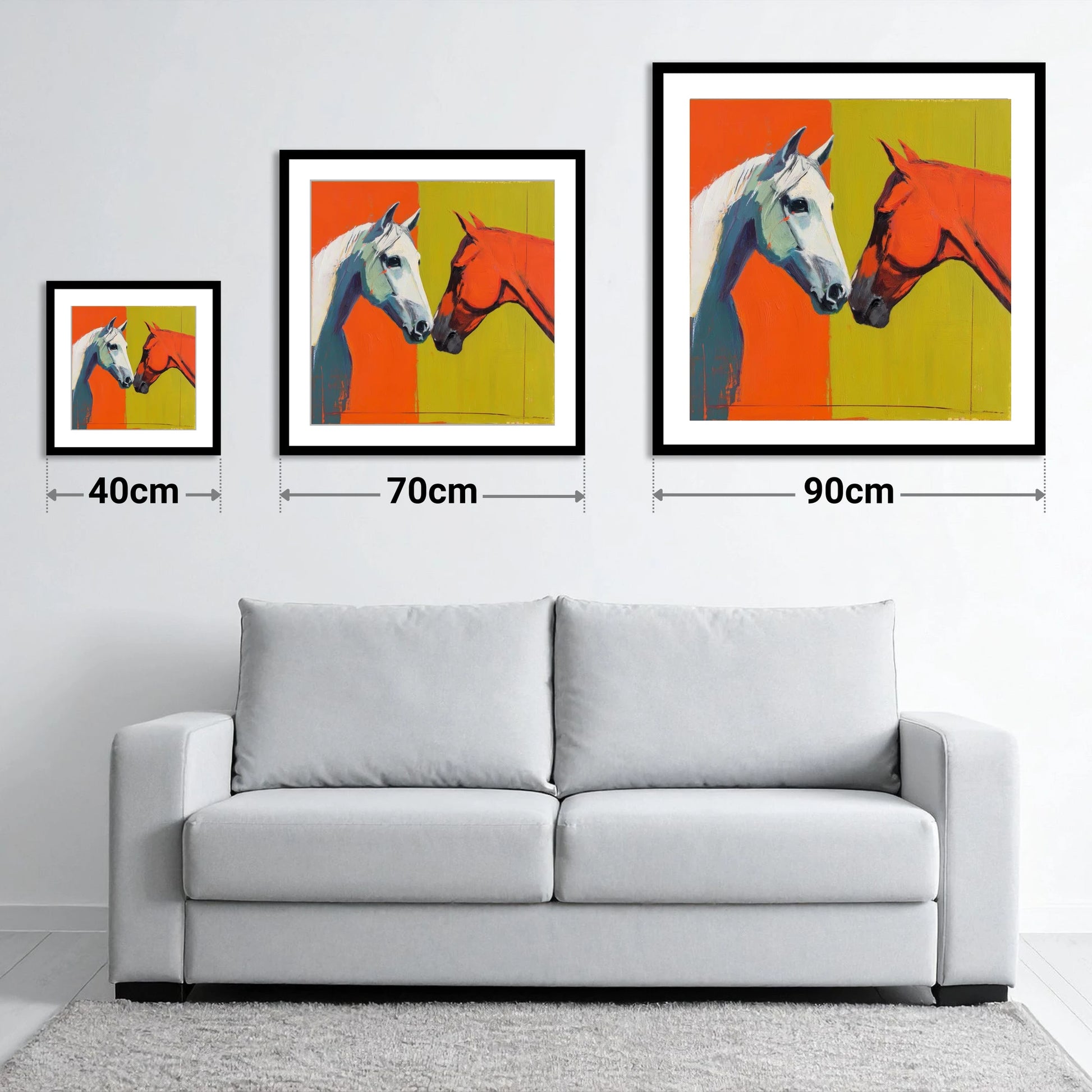 Vibrant Connection - size guide showing 40cm, 70cm and 90cm art prints