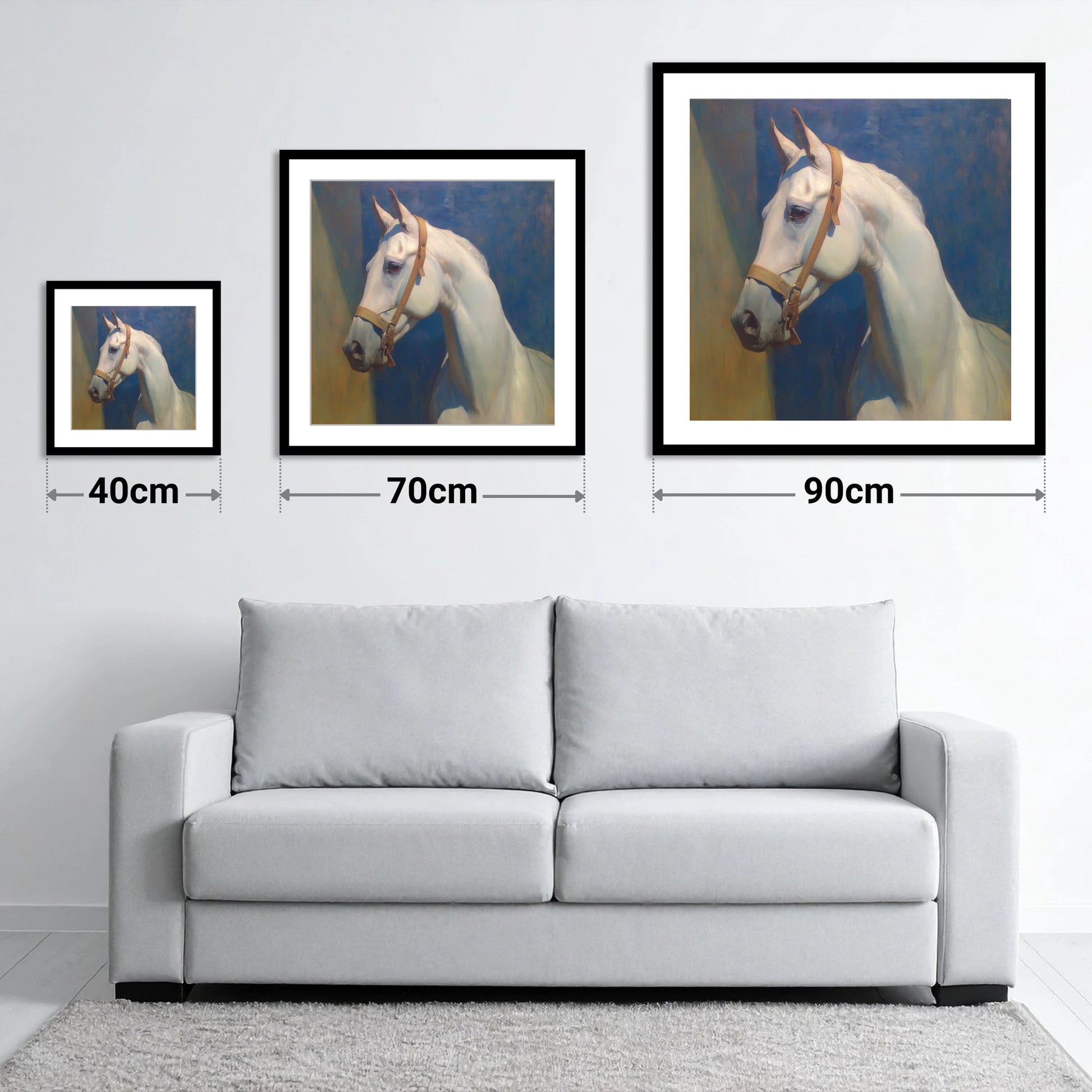 Azure Spirit in Profile - size guide showing 40cm, 70cm and 90cm art prints
