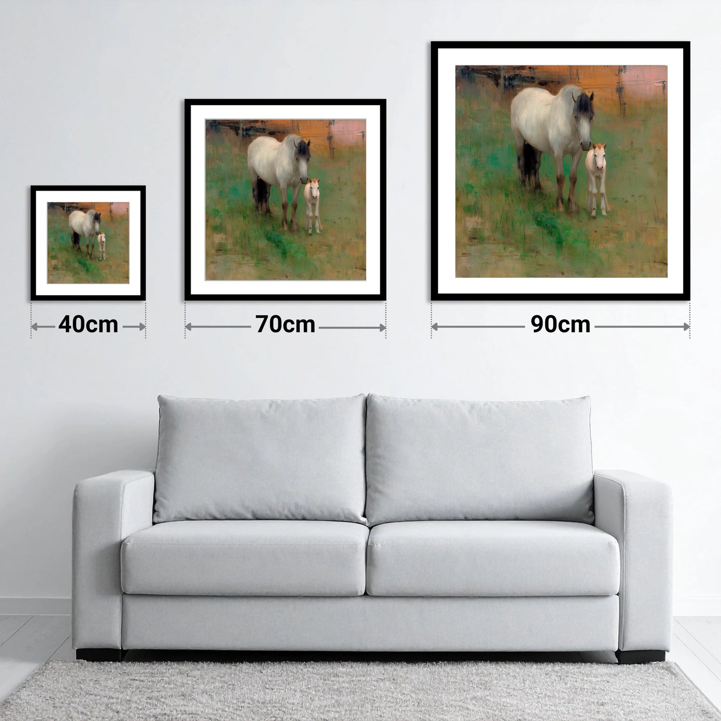 Quiet Pasture Companions - size guide showing 40cm, 70cm and 90cm art prints