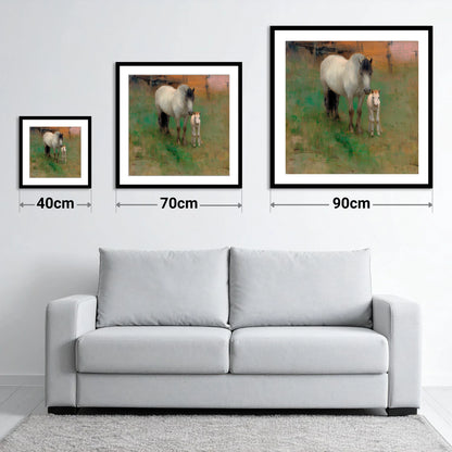 Quiet Pasture Companions - size guide showing 40cm, 70cm and 90cm art prints