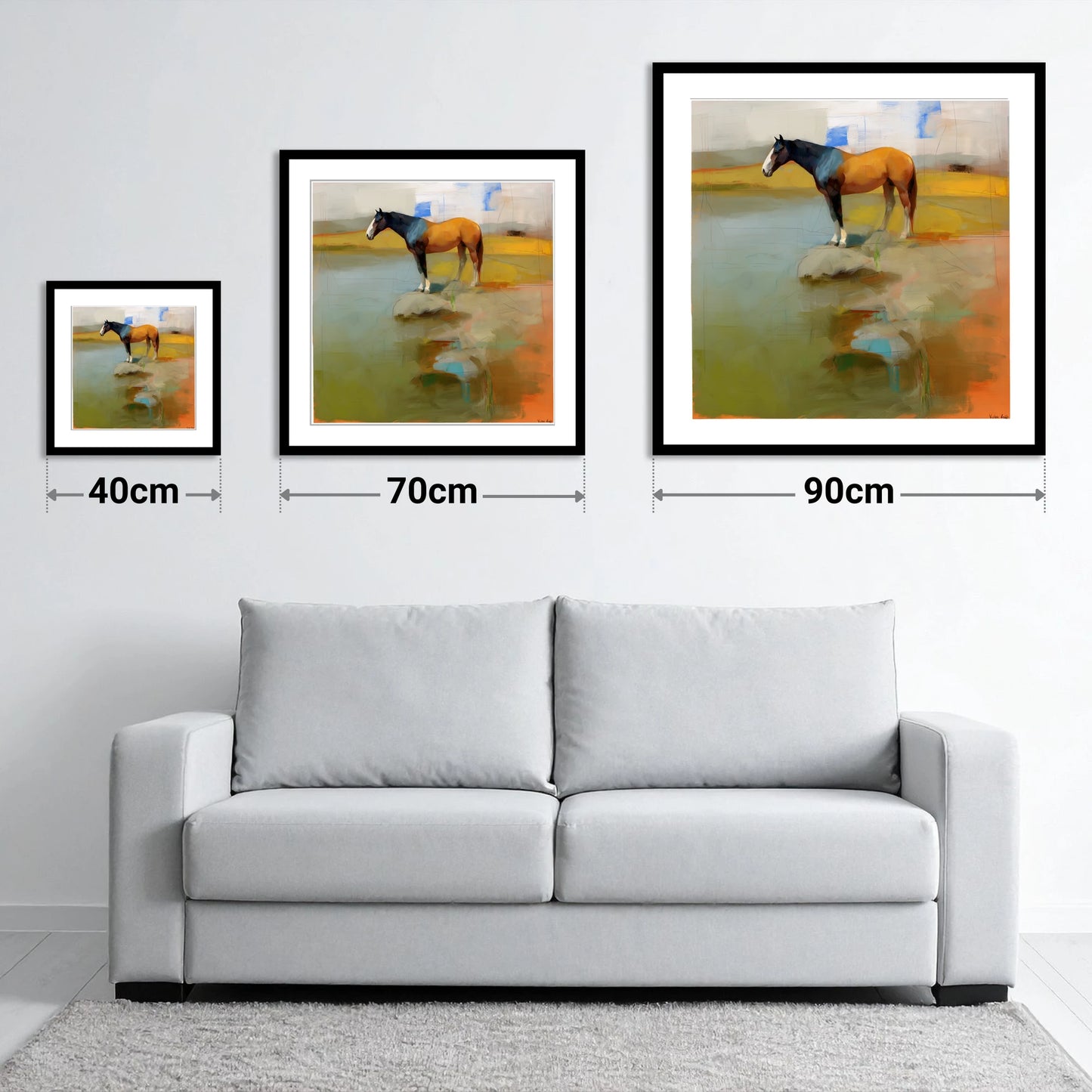 Vibrant Shoreline Reflection - size guide showing 40cm, 70cm and 90cm art prints