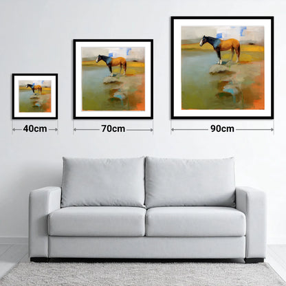 Vibrant Shoreline Reflection - size guide showing 40cm, 70cm and 90cm art prints