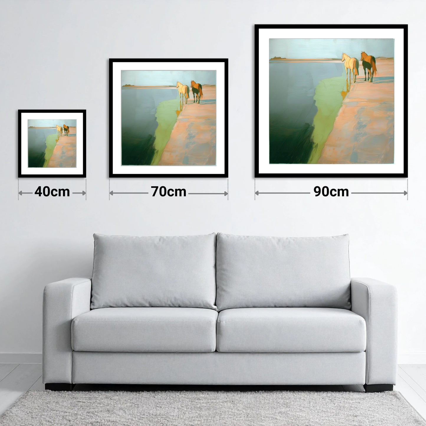 Shoreline Companions - size guide showing 40cm, 70cm and 90cm art prints