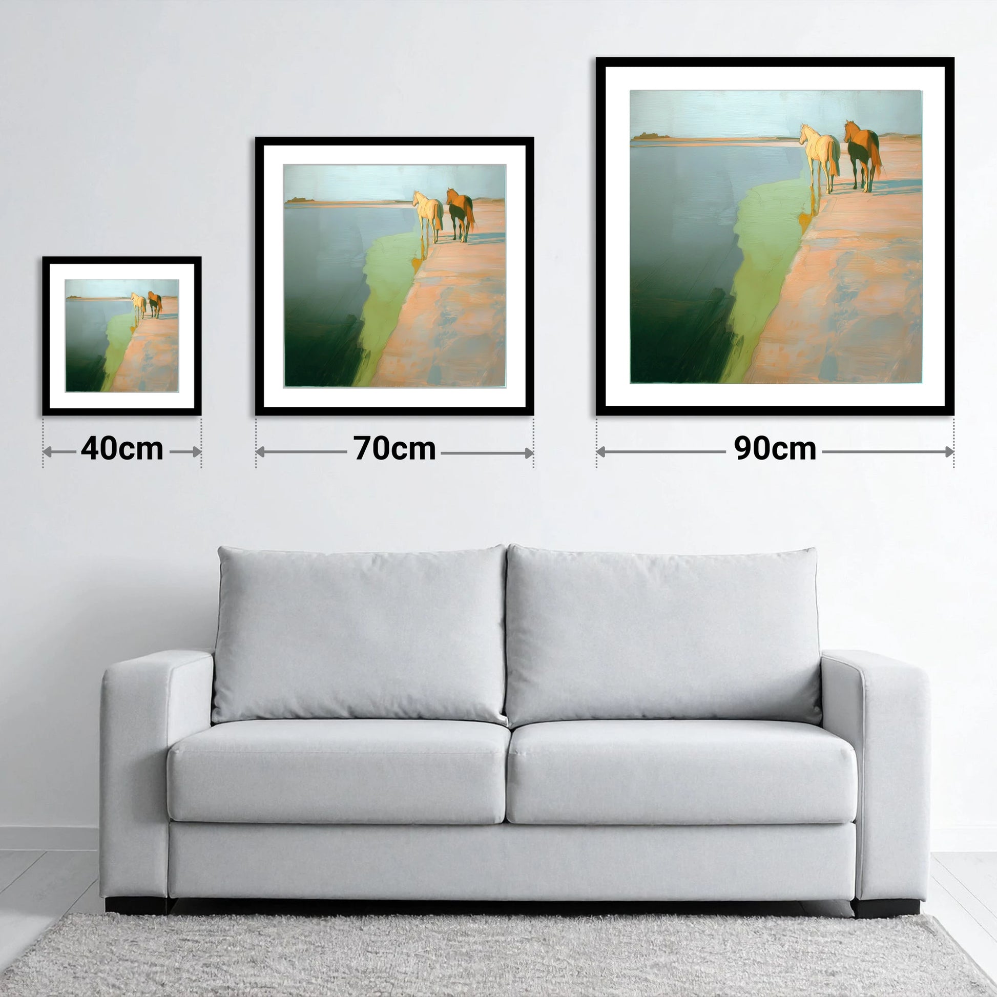 Shoreline Companions - size guide showing 40cm, 70cm and 90cm art prints