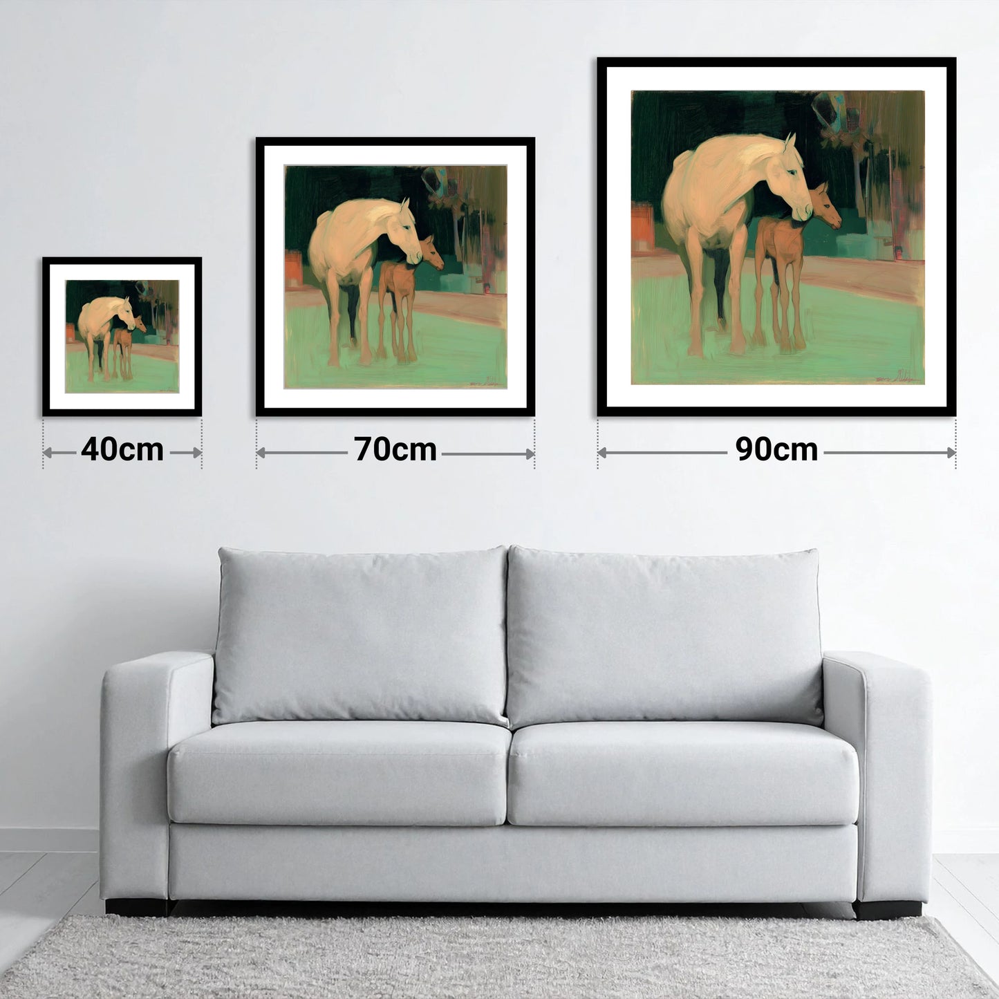 A Quiet Connection - size guide showing 40cm, 70cm and 90cm art prints