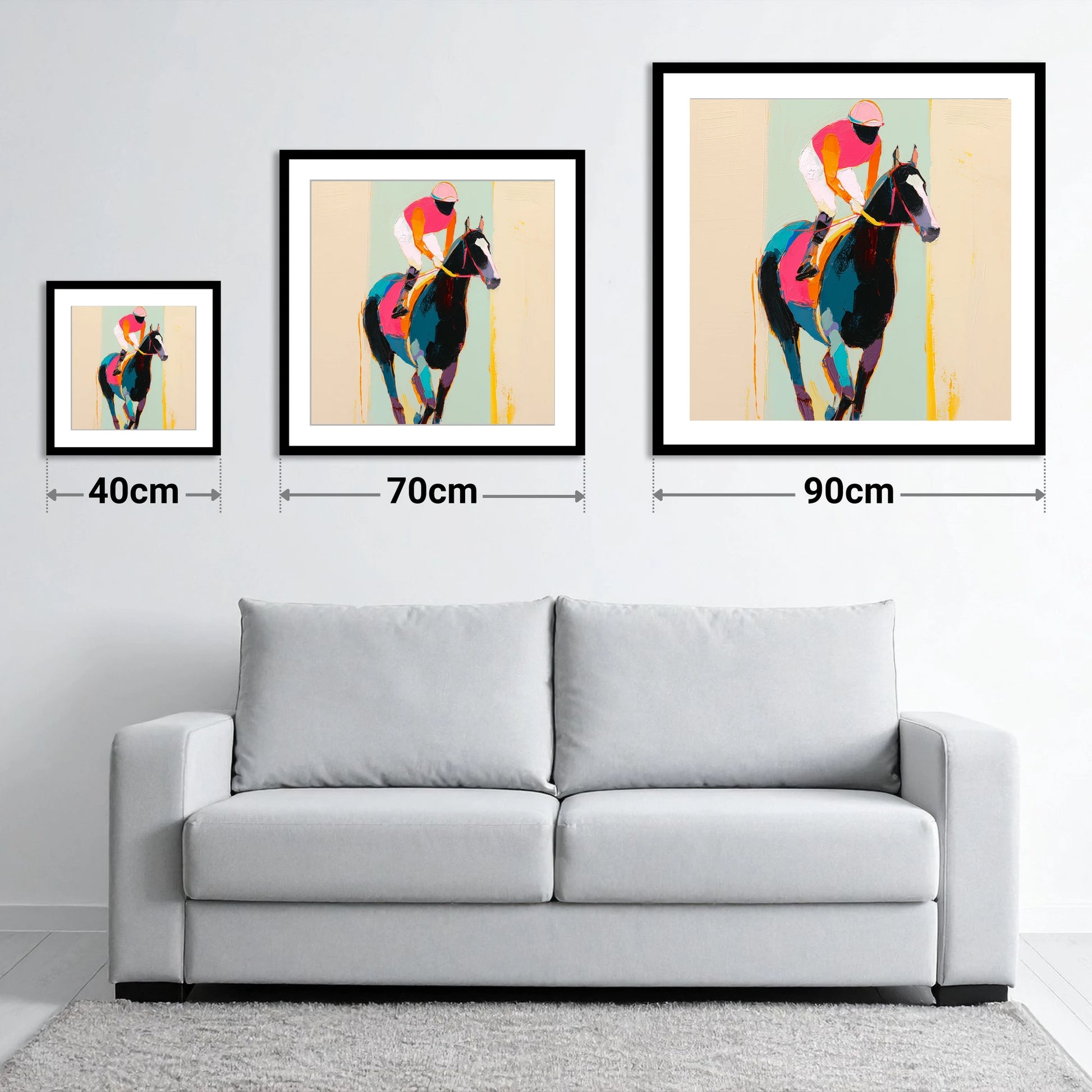 The Bold Contender - size guide showing 40cm, 70cm and 90cm art prints