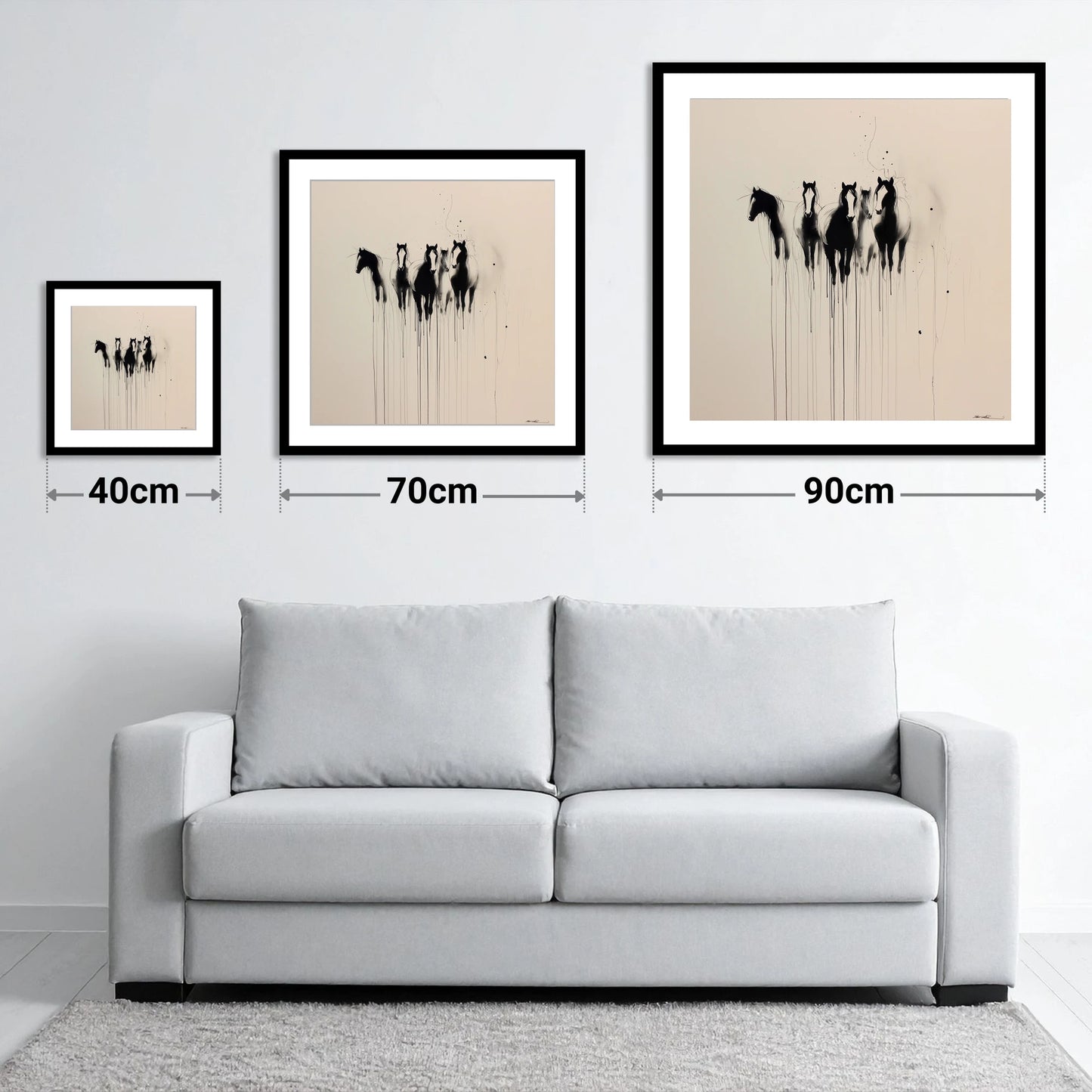 The Silent Herd - size guide showing 40cm, 70cm and 90cm art prints