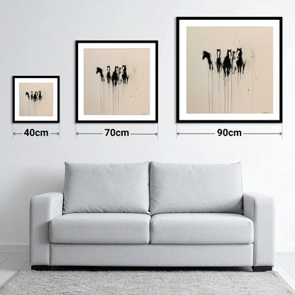 The Silent Herd - size guide showing 40cm, 70cm and 90cm art prints