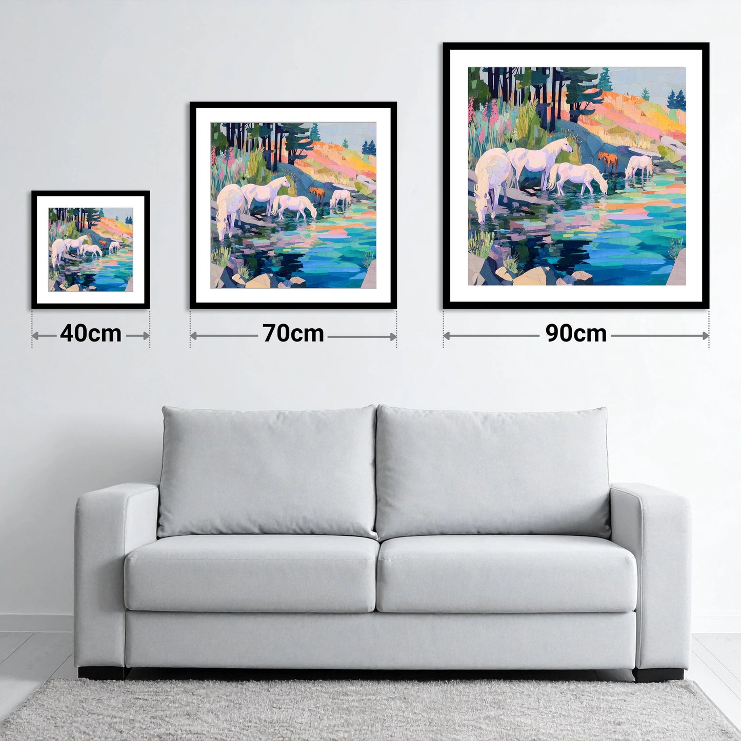 Kaleidoscope Watering Hole - size guide showing 40cm, 70cm and 90cm art prints