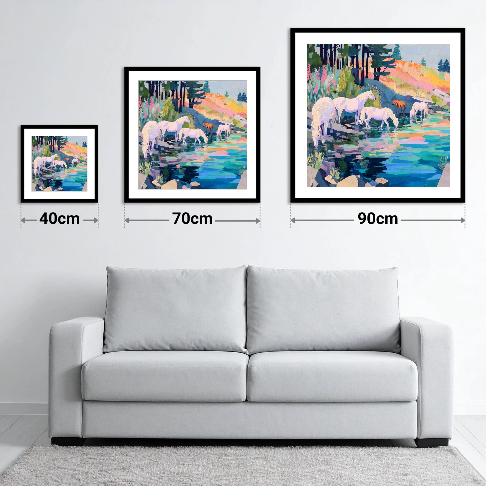 Kaleidoscope Watering Hole - size guide showing 40cm, 70cm and 90cm art prints