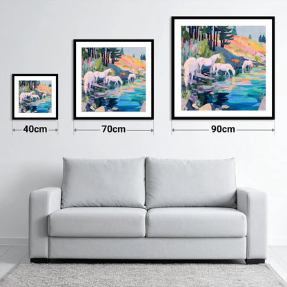 Kaleidoscope Watering Hole - size guide showing 40cm, 70cm and 90cm art prints