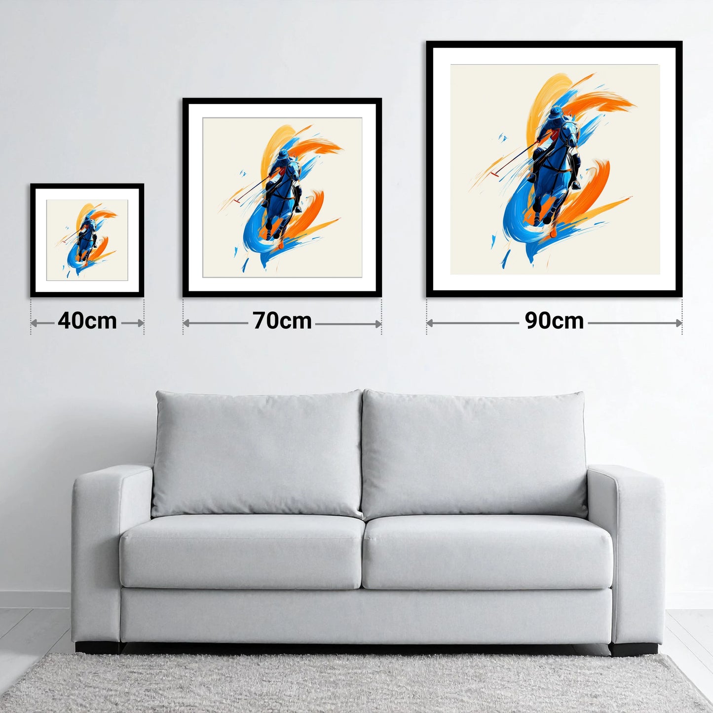 The Indigo Strike - size guide showing 40cm, 70cm and 90cm art prints