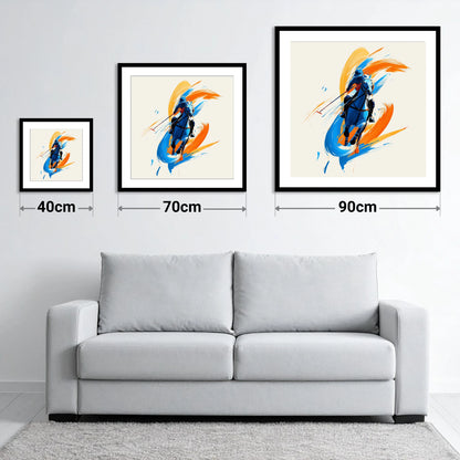 The Indigo Strike - size guide showing 40cm, 70cm and 90cm art prints
