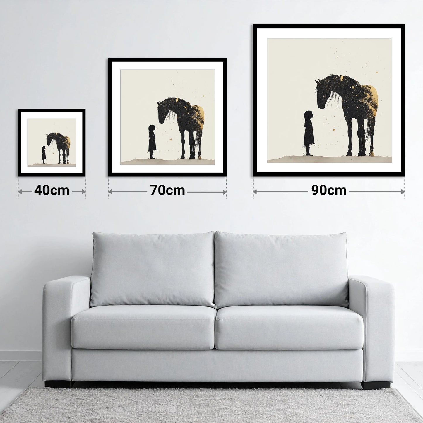 Whispers in Gold - size guide showing 40cm, 70cm and 90cm art prints