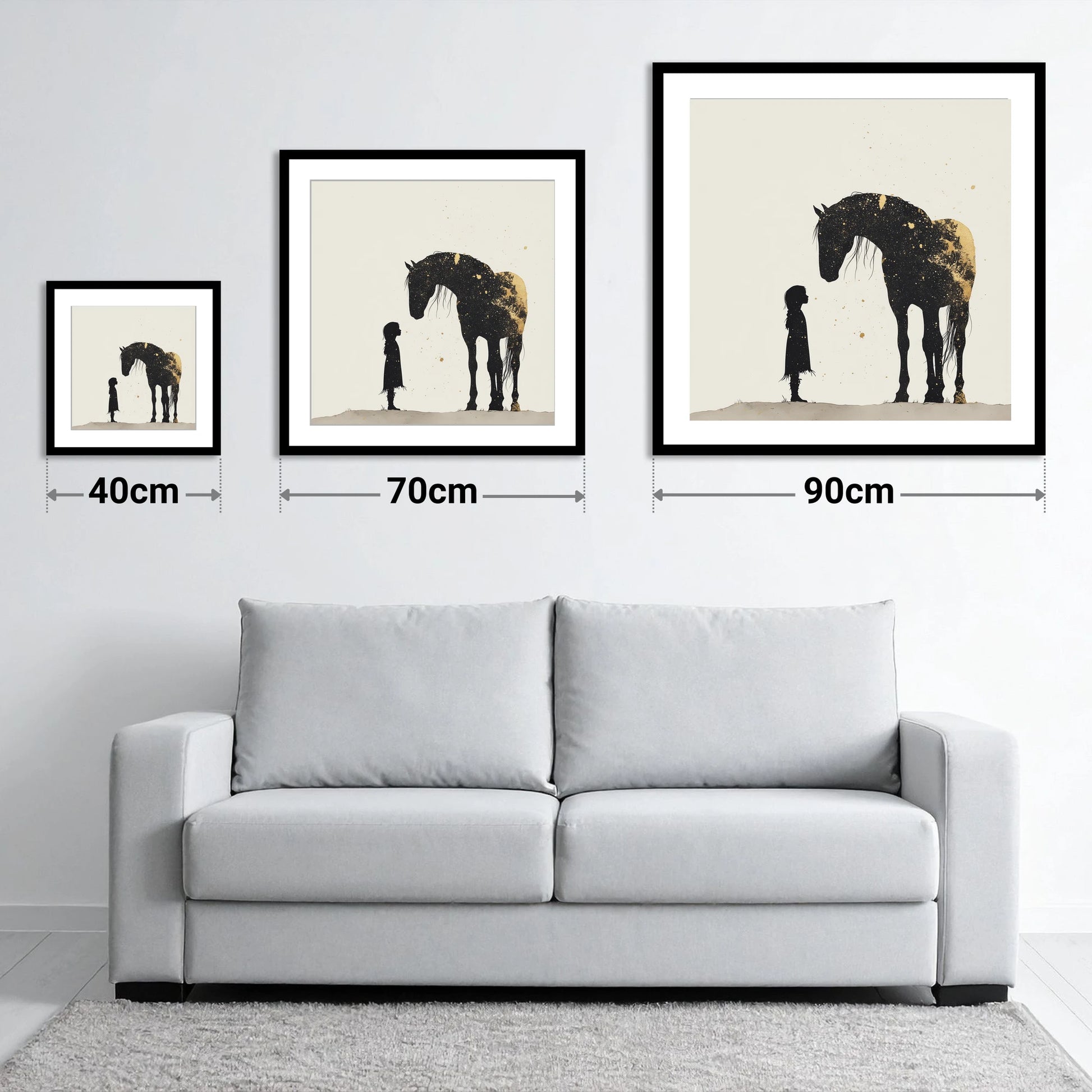 Whispers in Gold - size guide showing 40cm, 70cm and 90cm art prints