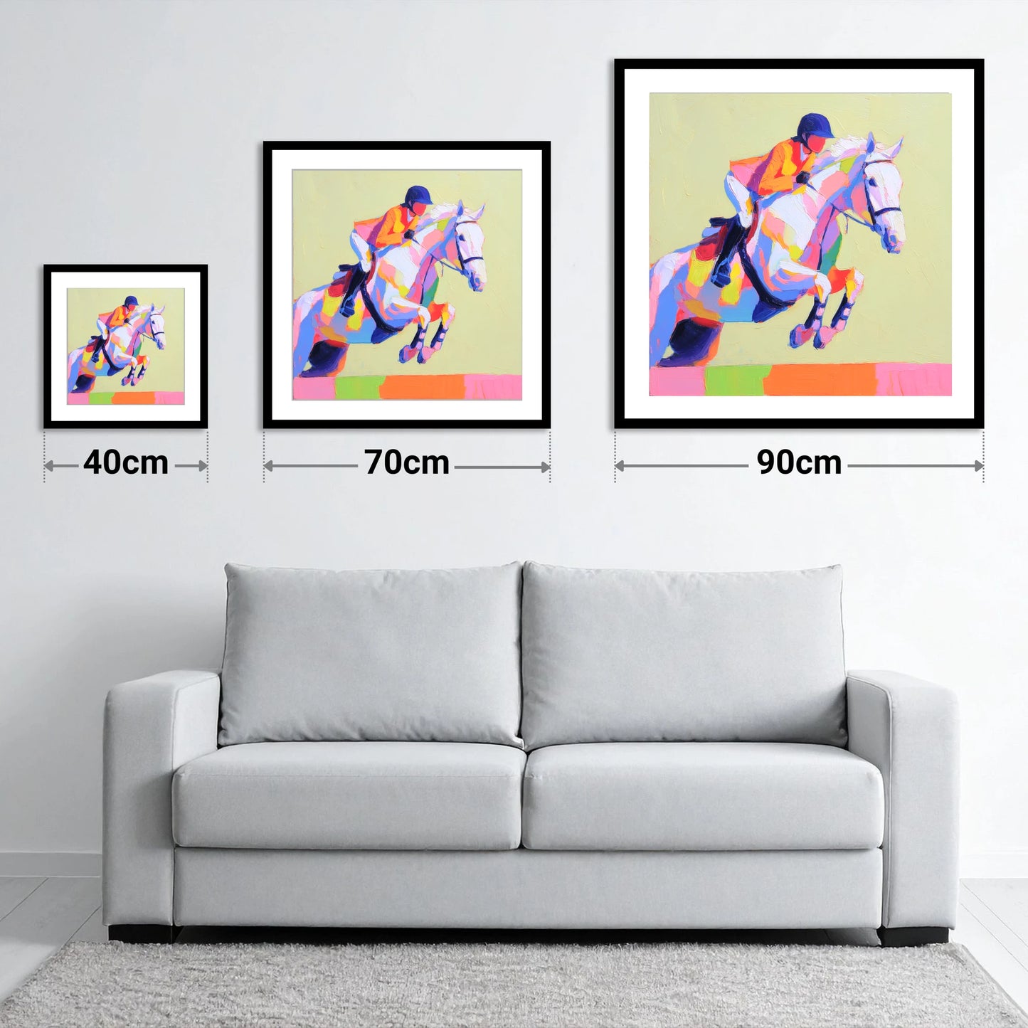 Technicolour Flight - size guide showing 40cm, 70cm and 90cm art prints