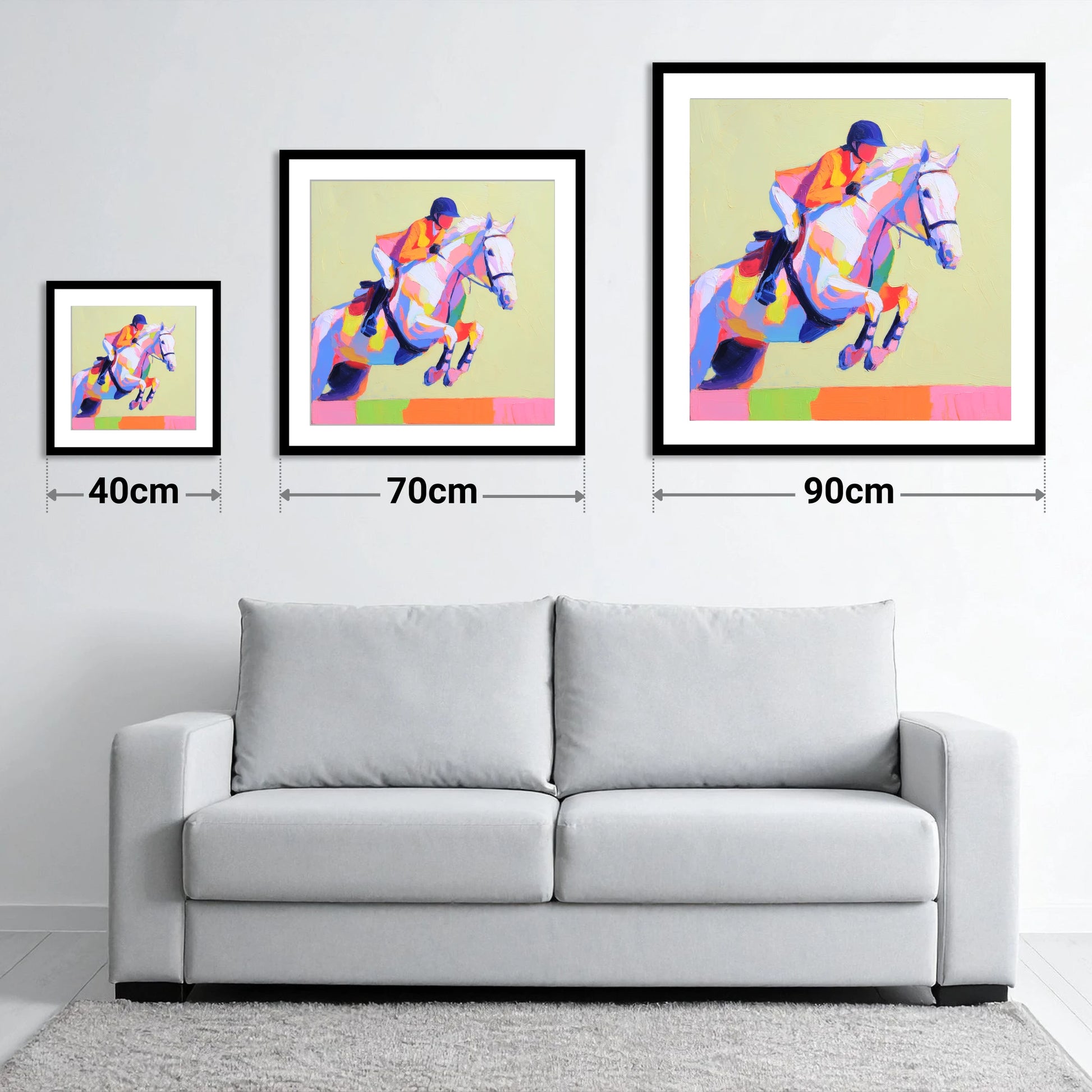 Technicolour Flight - size guide showing 40cm, 70cm and 90cm art prints