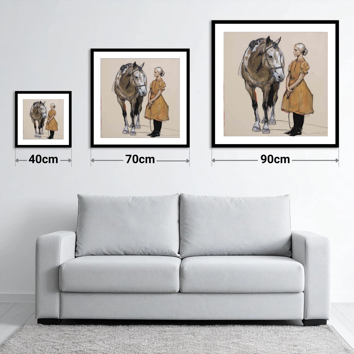 The Quiet Connection - size guide showing 40cm, 70cm and 90cm art prints