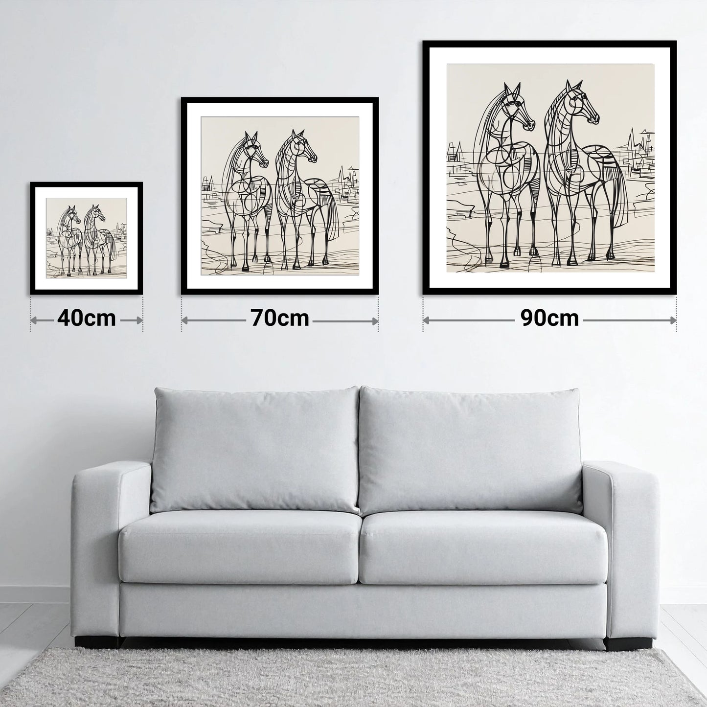 Architectural Equine Duo - size guide showing 40cm, 70cm and 90cm art prints