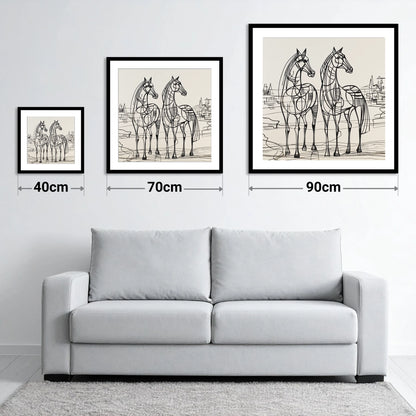 Architectural Equine Duo - size guide showing 40cm, 70cm and 90cm art prints