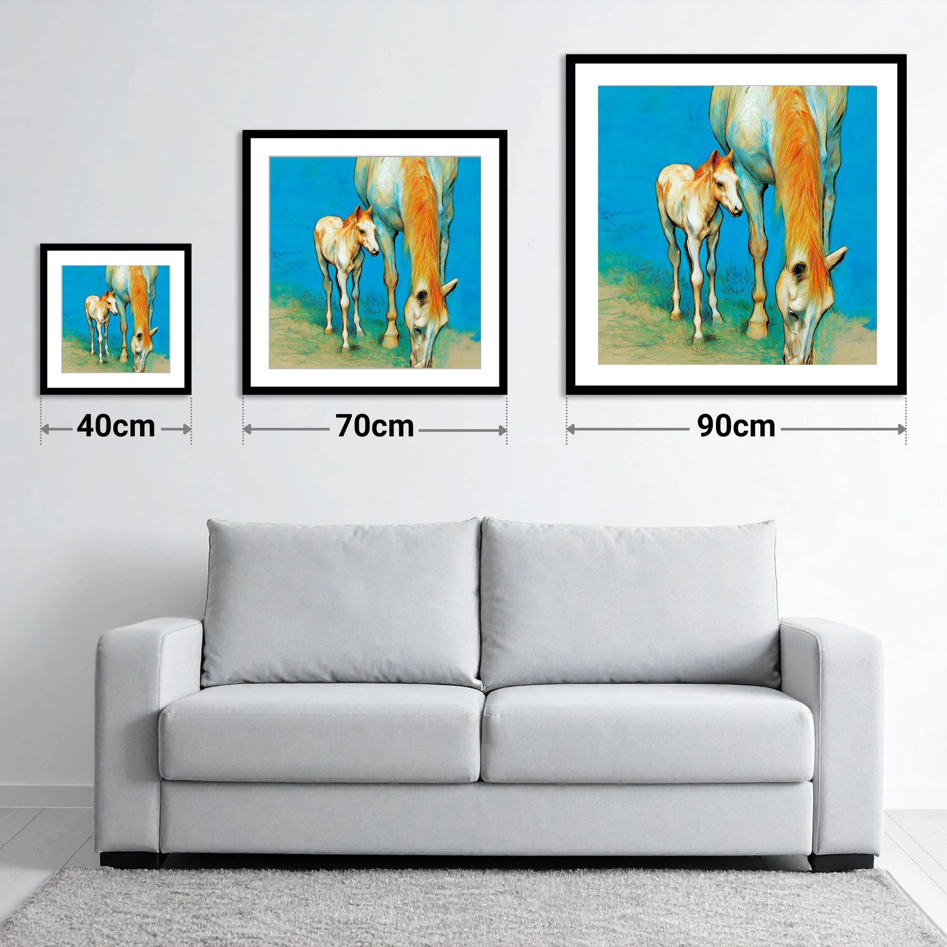 Nurture and Nature - size guide showing 40cm, 70cm and 90cm art prints