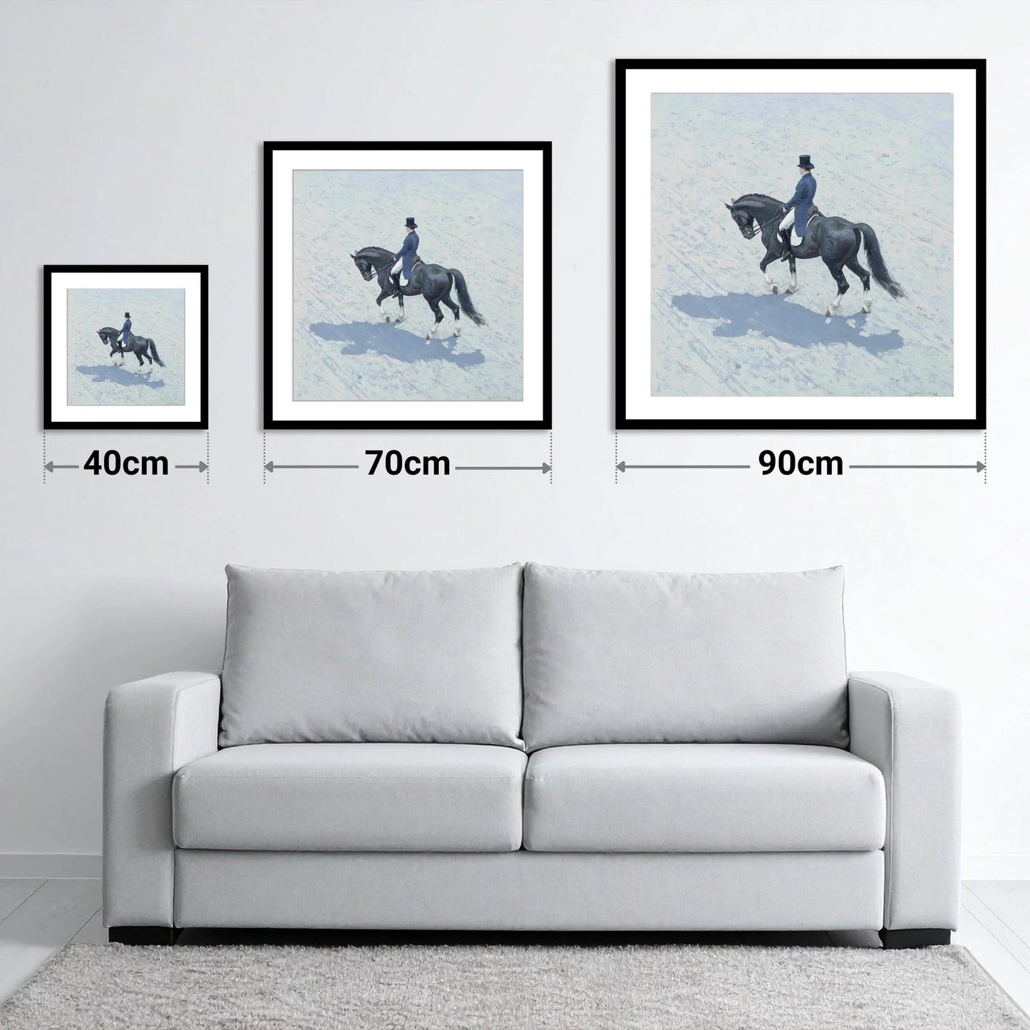 Focus and Shadow - size guide showing 40cm, 70cm and 90cm art prints