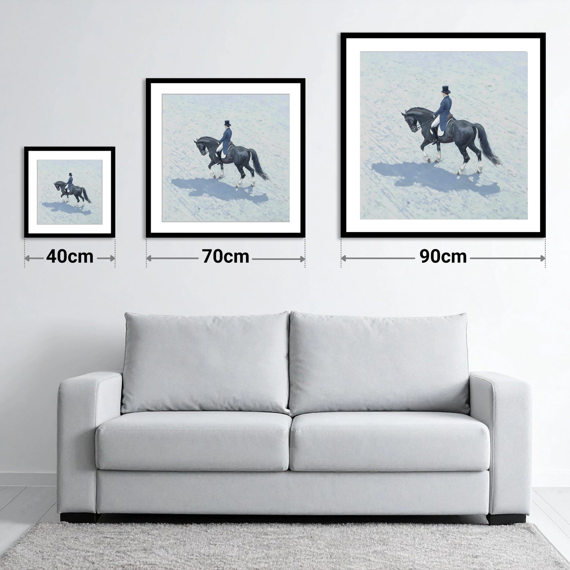 Focus and Shadow - size guide showing 40cm, 70cm and 90cm art prints