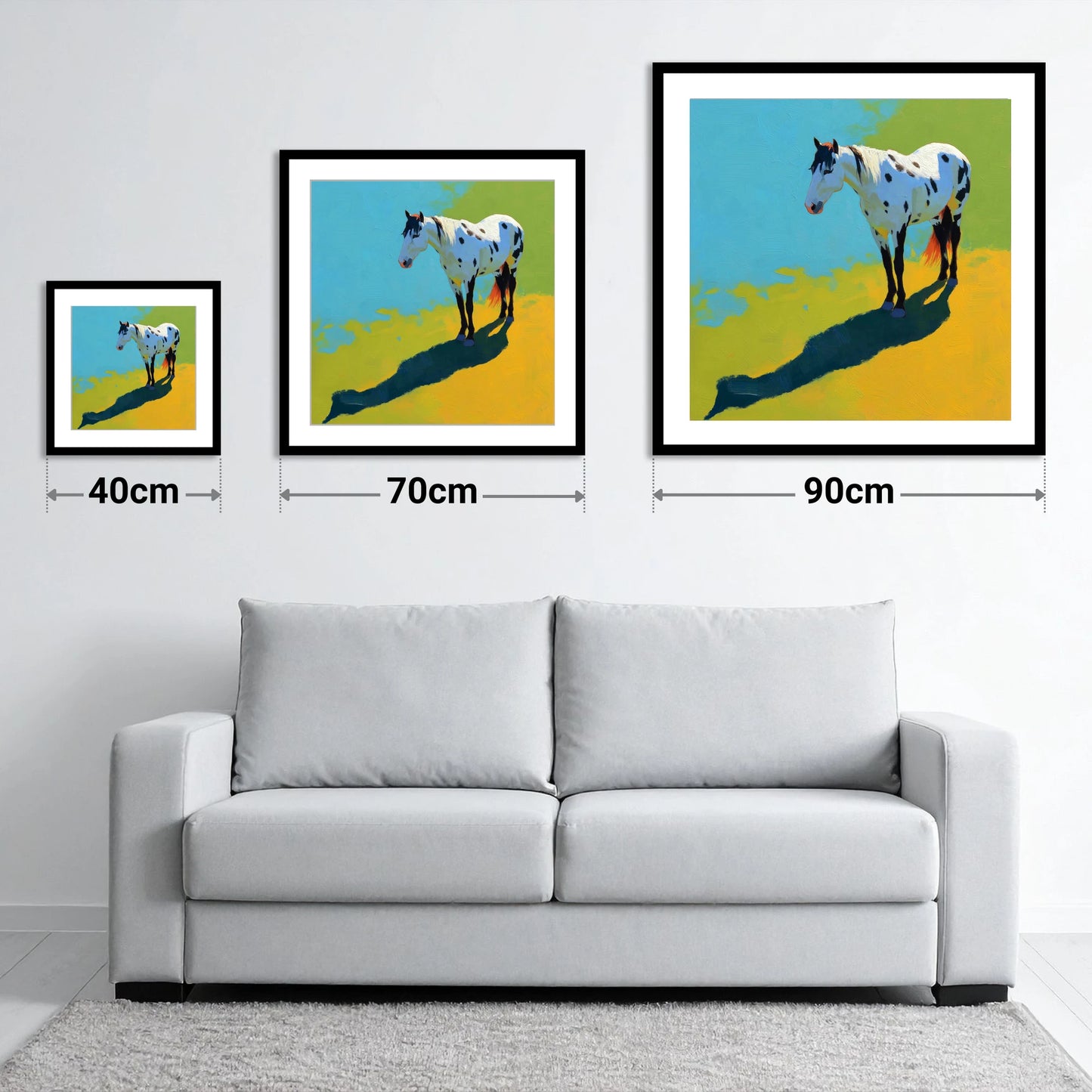 Sunlit Appaloosa Shadow - size guide showing 40cm, 70cm and 90cm art prints