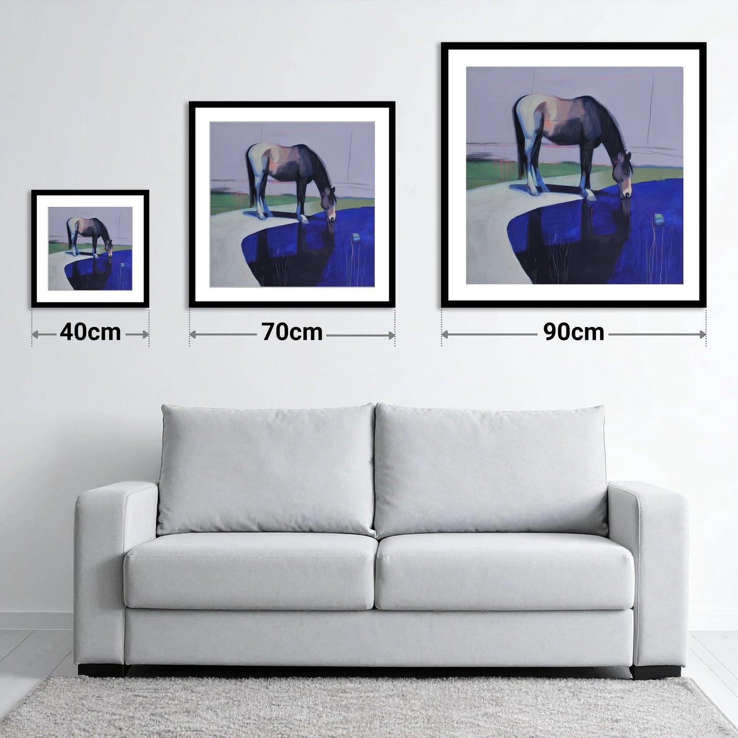Sapphire Reflection - size guide showing 40cm, 70cm and 90cm art prints