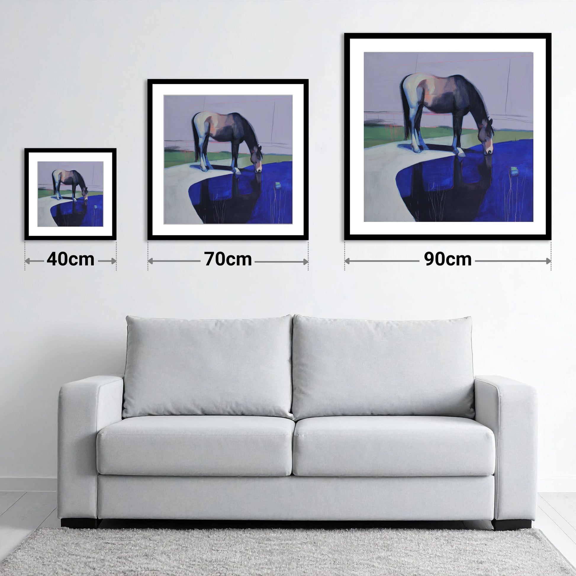 Sapphire Reflection - size guide showing 40cm, 70cm and 90cm art prints