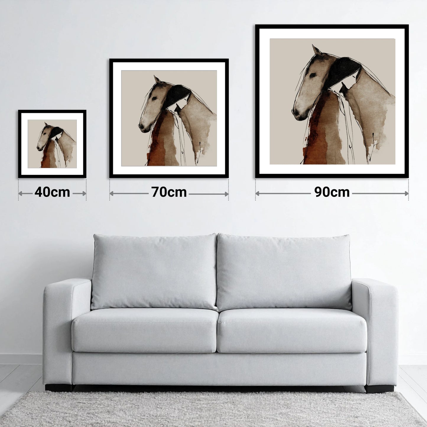 The Unspoken Bond - size guide showing 40cm, 70cm and 90cm art prints
