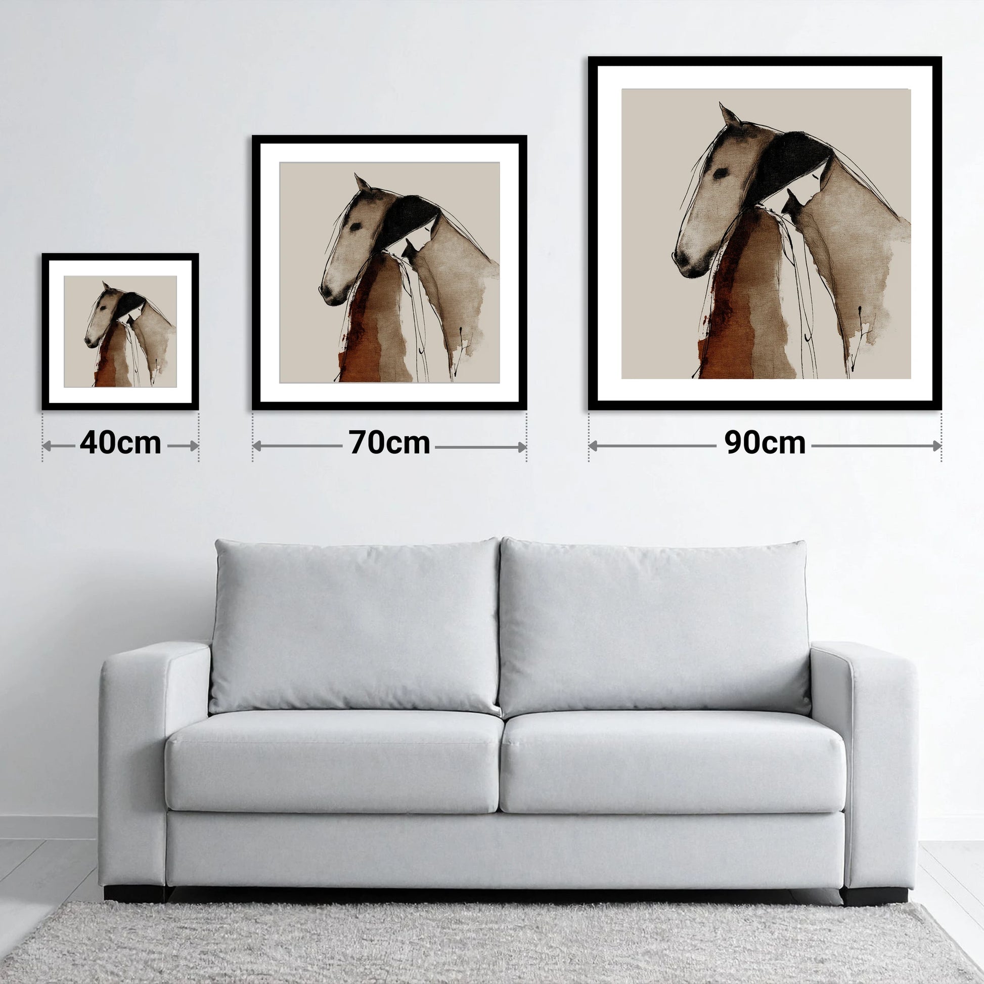 The Unspoken Bond - size guide showing 40cm, 70cm and 90cm art prints