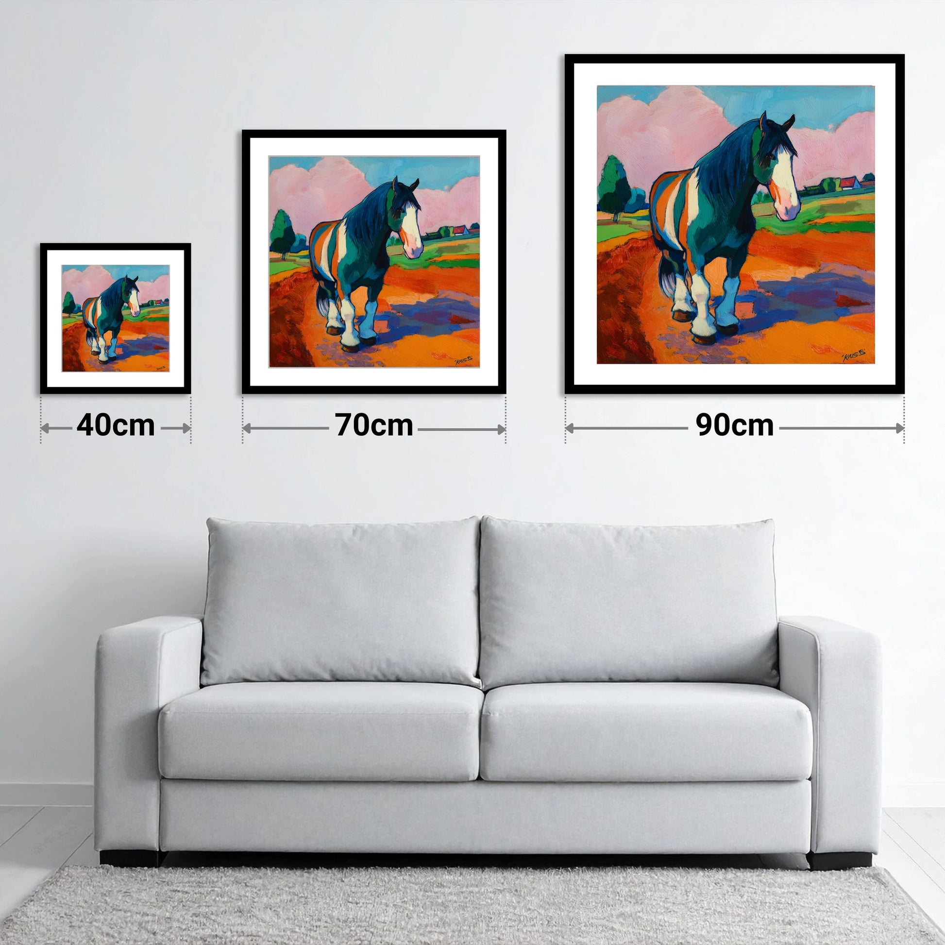 Vibrant Coloured Cob - size guide showing 40cm, 70cm and 90cm art prints